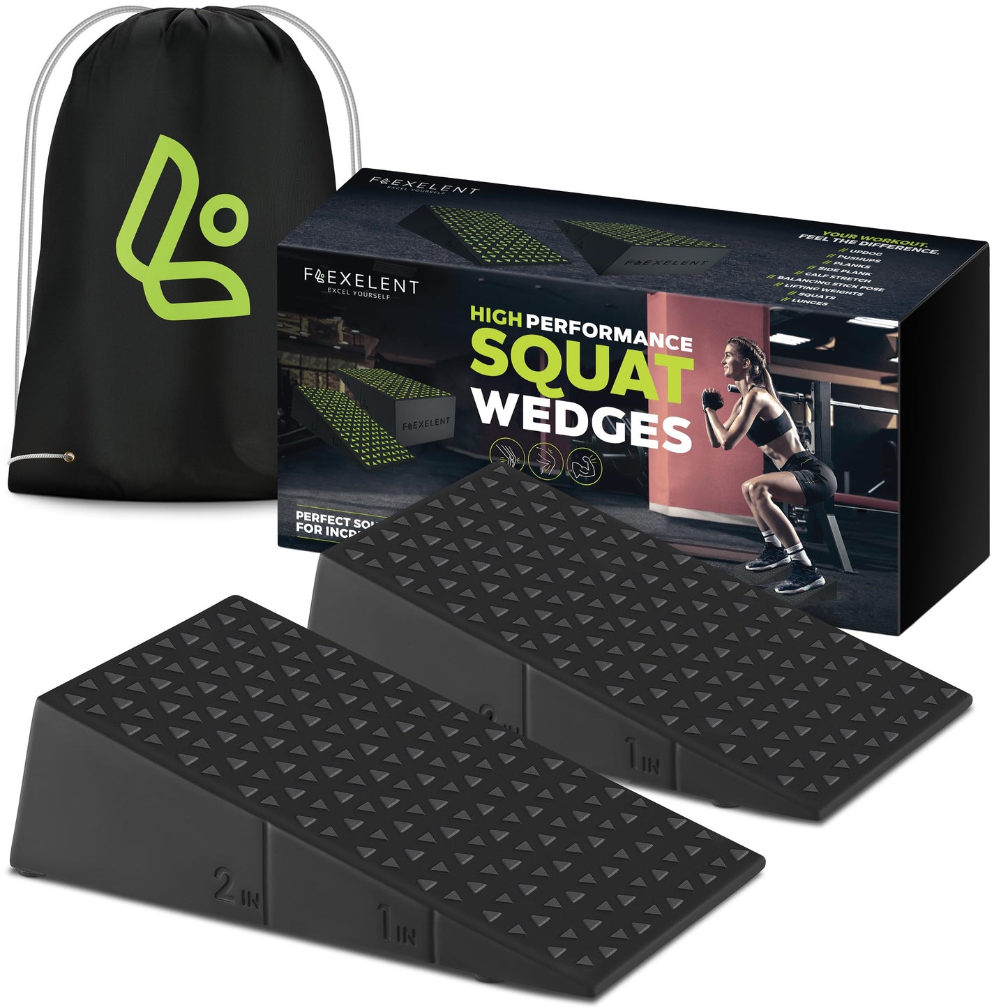 Squat Wedge Block Pair - Non Slip Squat Wedges & Ramp for Exercise, Home Gym, Weight Lifting & Yoga - Calf Stretcher Slant Board to Elevate Heels, Improve Ankle Mobility, Backpack Included for Storage