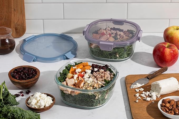 Ello Color Lock 7 Cup 4PC, 2 Pack Glass Meal Prep Sets Leak-Proof Glass Food