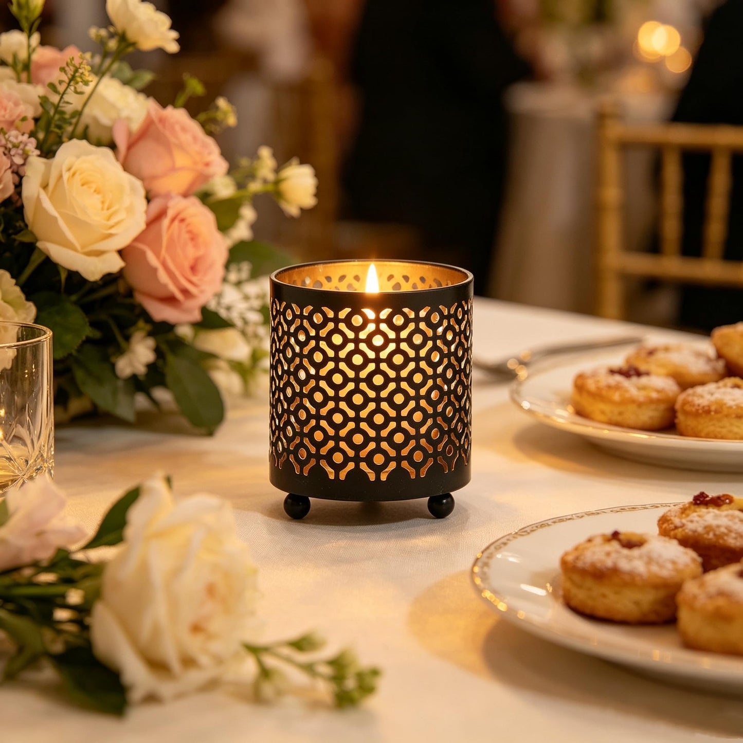 Hosley 4.5" Black Metal Candle Holder Sleeve Gold Interior for Tealights & Votive Candles Decorative Lantern for Home Décor, Weddings, Meditation, & Events