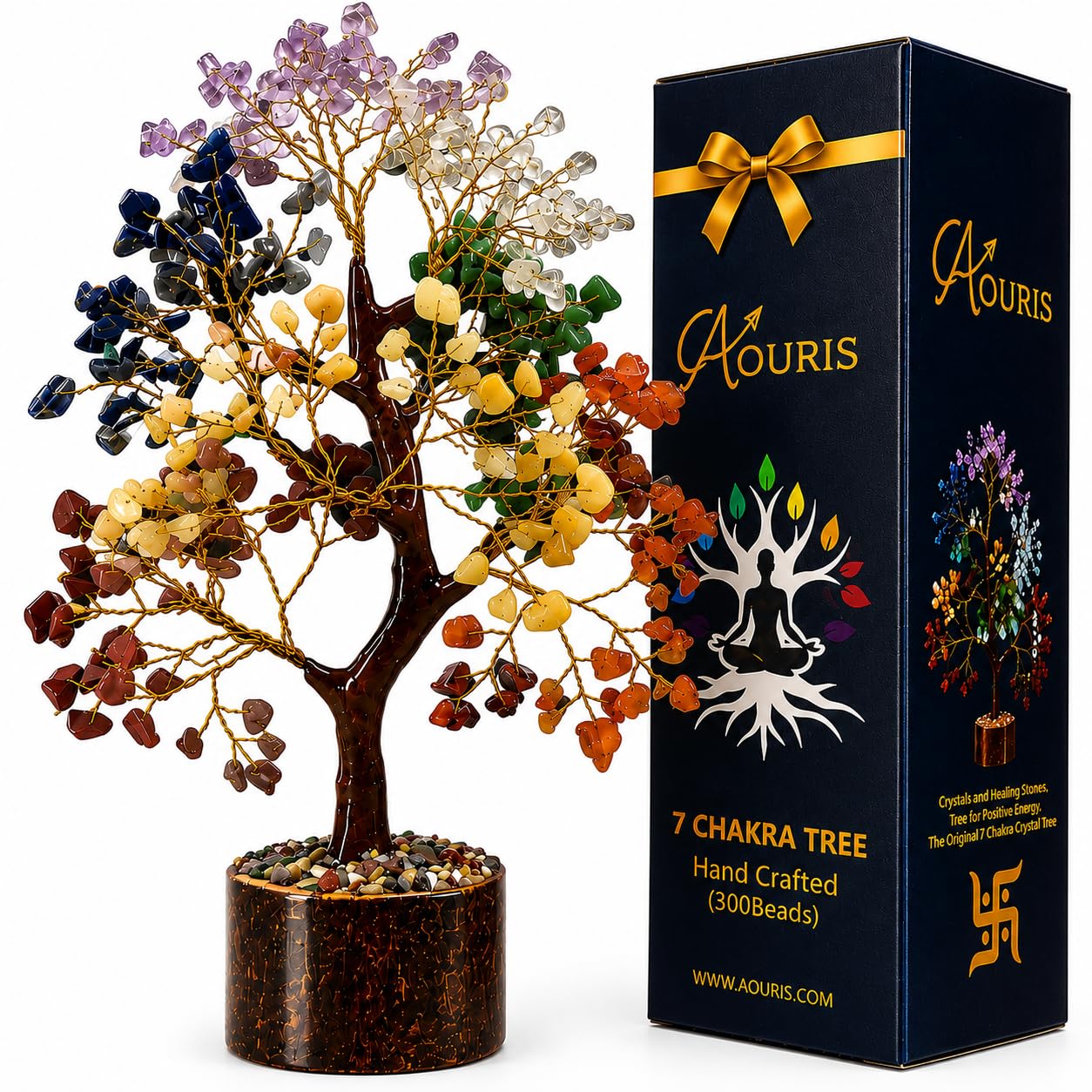 7 Chakra Crystal Tree 300 Stones - Feng Shui Gemstone Money Tree with Healing Crystals Base for Good Luck, Wealth & Prosperity - Reiki Spiritual Meditation Decor, Yoga Gifts & Home Office Decoration
