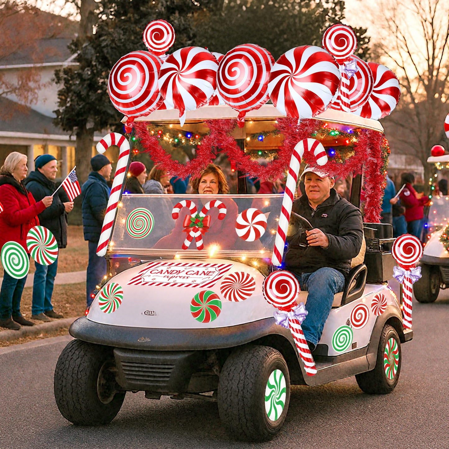Leyndo 46 Pcs Christmas Golf Cart Decorations Kit Christmas Candy Cane Parade Decor Red Green and White Car Decoration with Banner Candy Cane Hanging Garland Stickers Balloon for Xmas Party