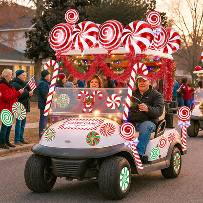 Leyndo 46 Pcs Christmas Golf Cart Decorations Kit Christmas Candy Cane Parade Decor Red Green and White Car Decoration with Banner Candy Cane Hanging Garland Stickers Balloon for Xmas Party
