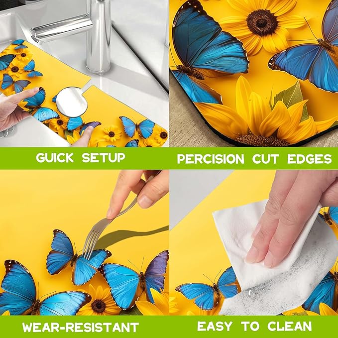 Kitchen Sink Splash Sunflowers and Blue Butterflies Guard Faucet Mat Super