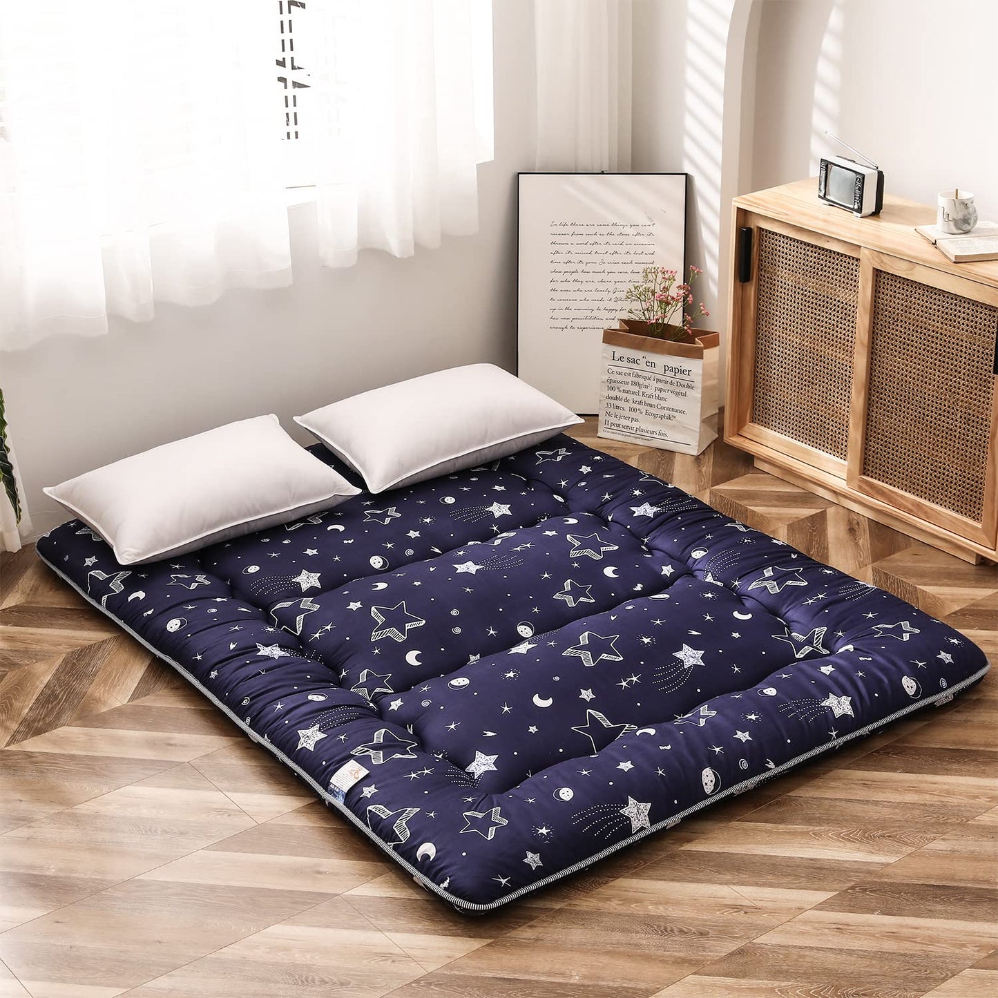 MAXYOYO Navy Star Futon Mattress Japanese Tatami Mat Foldable Futon Portable Camping Mattress Kids Sleeping Pad Floor Couch, Full