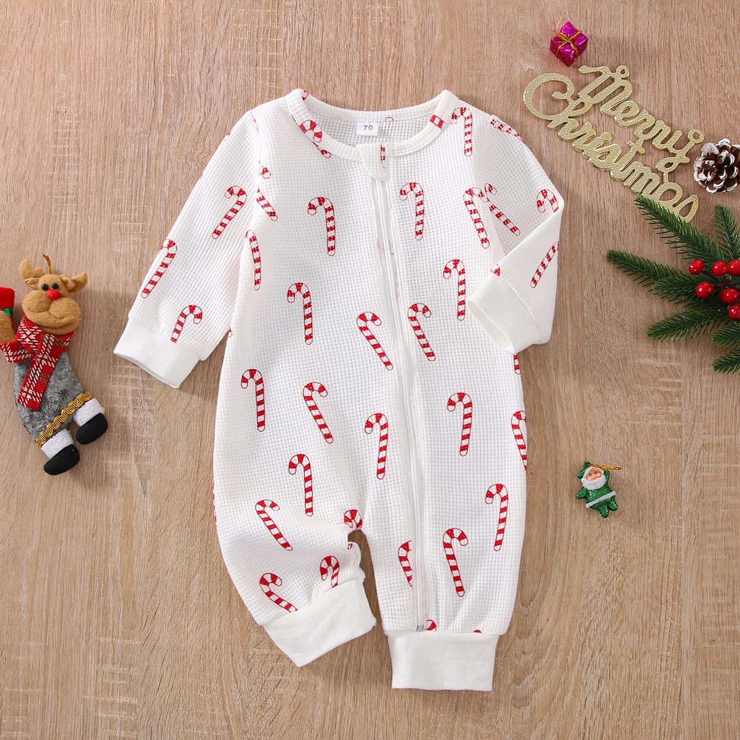 Twopumpkin Newborn Baby Girl Boy Christmas Outfit Plaid Long Sleeve Romper One Piece Zipper Jumpsuit Fall Winter Clothes (A-Santa gifts,6-12 Months)