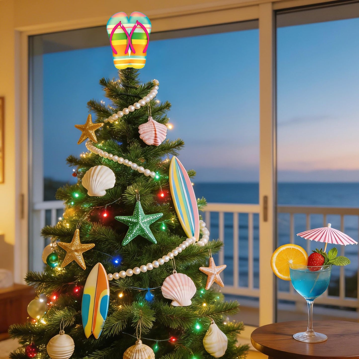 APUDWN 10 x 5.2 Inch Wood Summer Tree Topper with LED Lights, Flip Flop Tree Decorations for Christmas in July Luau Beach Theme Hawaiian Party Battery Powered Tropical Sandal Holiday Decor