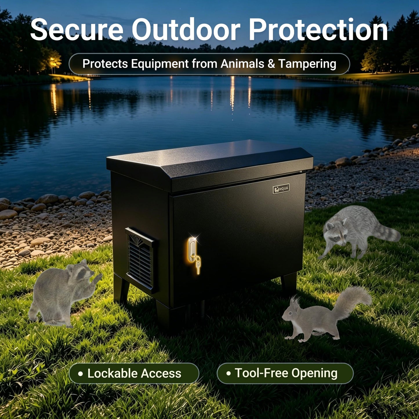 HQUA Pond Aerator Pump Cover Cabinet, Weatherproof Outdoor Protection System with Cooling Fan, Pre-Wired Outlet & 10 ft Power Cord, Galvanized Steel Enclosure 19”W × 14”D × 18.5”H