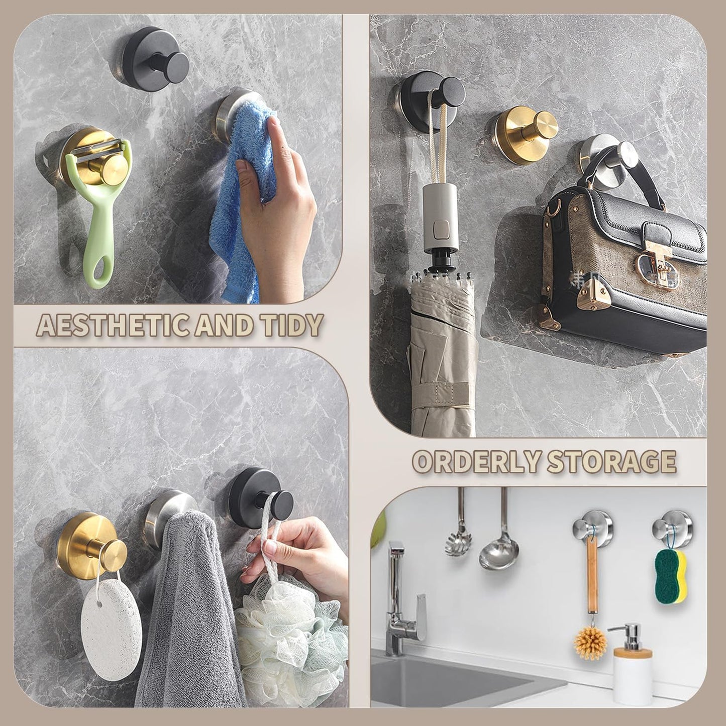 SOCORIA 2026 Upgraded Drill-Free Suction Cup Hooks, Stainless Steel Suction Cup Hooks for Shower, Mirror, Wall, Bathroom, Glass, Hanging Towels - 4 Pack, Brushed Silver