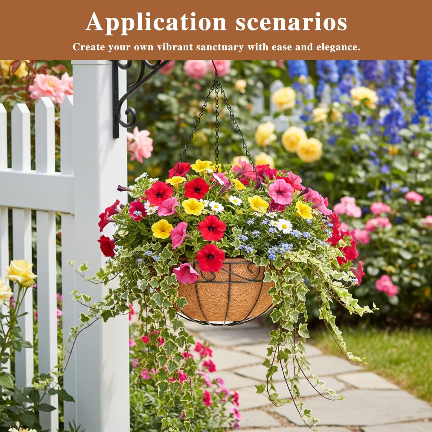 4 Pack Hanging Planter for Outdoor Plants 14 inch Metal Hanging Flower Basket with Coco Coir Liner Round Wire Plant Holder Chain Flower Pots Outdoor Garden Decoration Watering Hanging Baskets（HB）