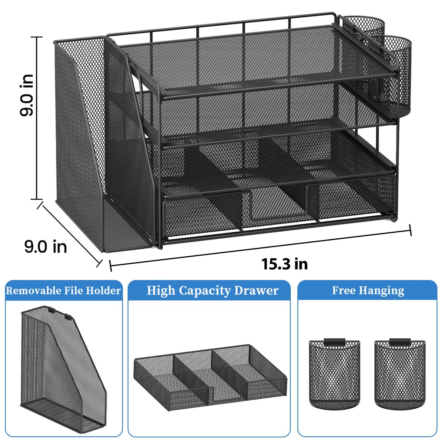 OPNICE Desk Organizer and Accessories, 4-Tier Desktop File Organizer with Drawer and 2 Pen Holders, Office Desk Accessories for Office Supplies(Black)