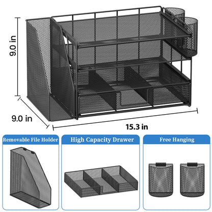 OPNICE Desk Organizer and Accessories, 4-Tier Desktop File Organizer with Drawer and 2 Pen Holders, Office Desk Accessories for Office Supplies(Black)