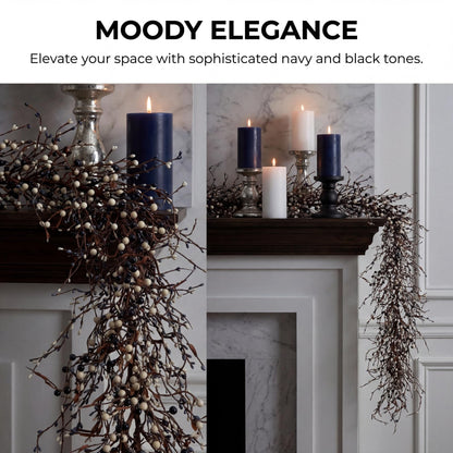 Quixem 60 Inch (5FT) Rustic Navy Blue Black & Cream Pip Berry Garland for Fireplace Mantel & Table Runner, Flexible Wired Artificial Vine, Coastal Farmhouse Decor, Precise Size