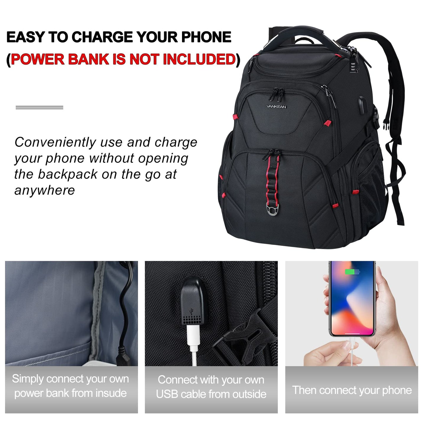 VANKEAN 17.3'' Travel Laptop Backpack TSA Friendly, Water Resistant Anti Theft Extra Large Backpack with RFID Pockets College Backpacks with USB Port for Men Women School Business Work Bag, Black