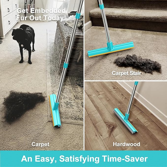 Carpet Rake for Pet Hair Removal, Dog Cat Fur Remover Rubber Broom, Stainless