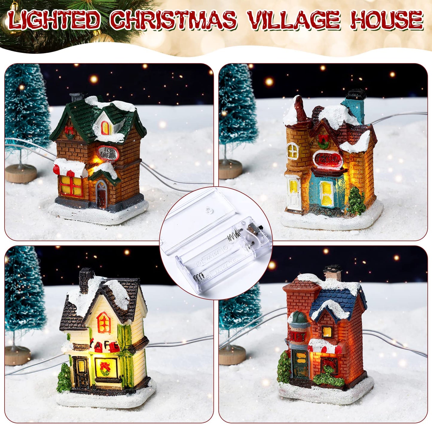 Gerrii 31 Pcs Christmas Village Figurines Decoration Set Lighted LED Christmas Village Houses with Figurines Snow Blanket Roll for Xmas Town Scene Desk Battery Operated Landscape Decor(Santa)