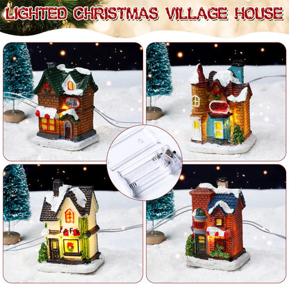 Gerrii 31 Pcs Christmas Village Figurines Decoration Set Lighted LED Christmas Village Houses with Figurines Snow Blanket Roll for Xmas Town Scene Desk Battery Operated Landscape Decor(Santa)