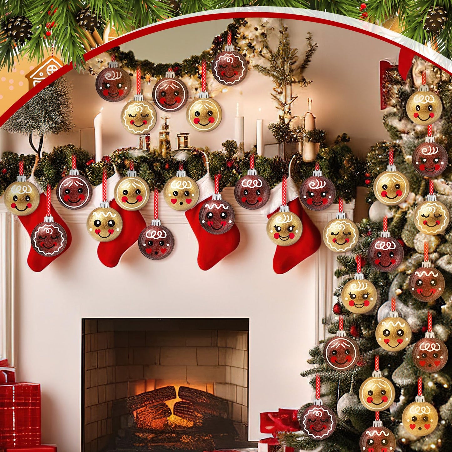 Wonderjune 36 Pcs Christmas Gingerbread Face Ornaments Wooden Gingerbread Tree Decoration Glitter Red Gold Christmas Hanging Ornaments Smile Wood Hanging Pendants for Xmas Tree Party Holiday Decor