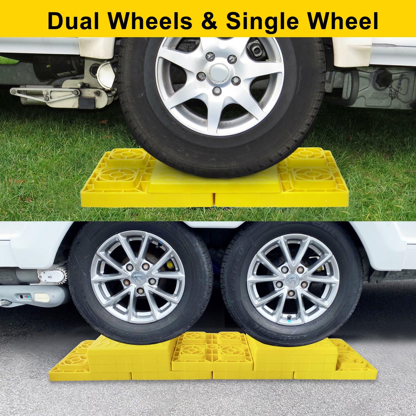 RV Leveling Blocks 12 Pack, Heavy Duty Interlocking Camper Leveler with Carrying Bag, Customizable Height for Single & Dual Axle Wheels, 8.6" x 8.6" x 1.5" Yellow RV Stabilizer Jack Pads