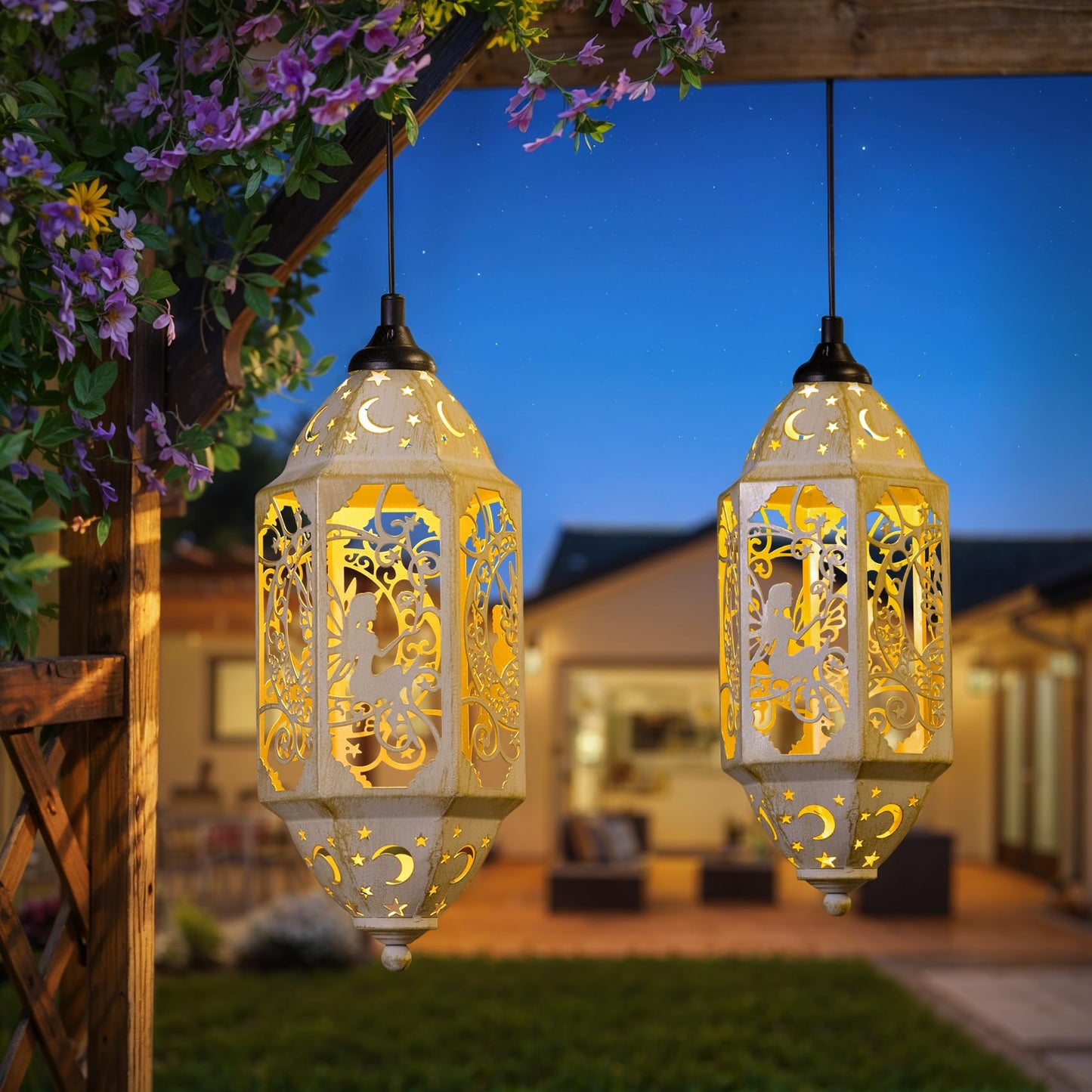 Big Outdoor Solar Lanterns Waterproof Garden Gifts for Women Mom Fairy Moon 12.4‘’ Metal Garden Lanterns Hanging Light for Patio Backyard Decorations, Mothers Day Birthday Gifts (Gold White,2Pack)