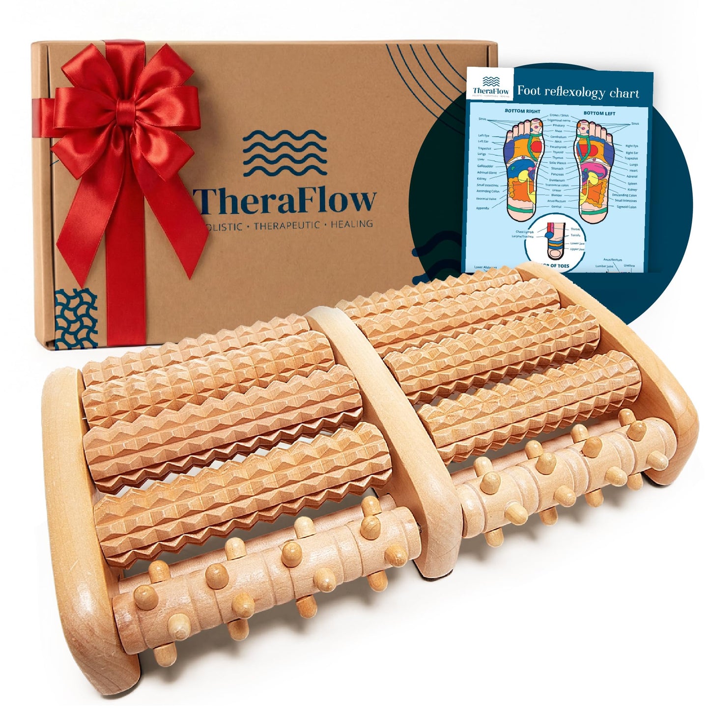 TheraFlow Foot Roller for Plantar Fasciitis Relief and Neuropathy Pain Relief for Feet - Wooden Foot Massager Roller Acupressure Tool with Reflexology Chart - Mom Gifts for Women and Men