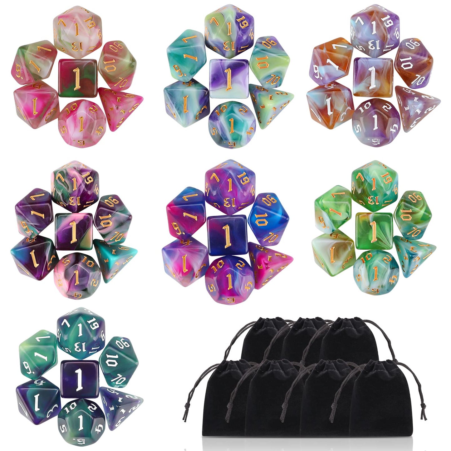 Surhugvy DND Dice Set, 7 X 7 (49 Pieces) Polyhedral Dice Set for Dungeons and Dragons DND RPG MTG Table Games with 7 Pack Black Bags