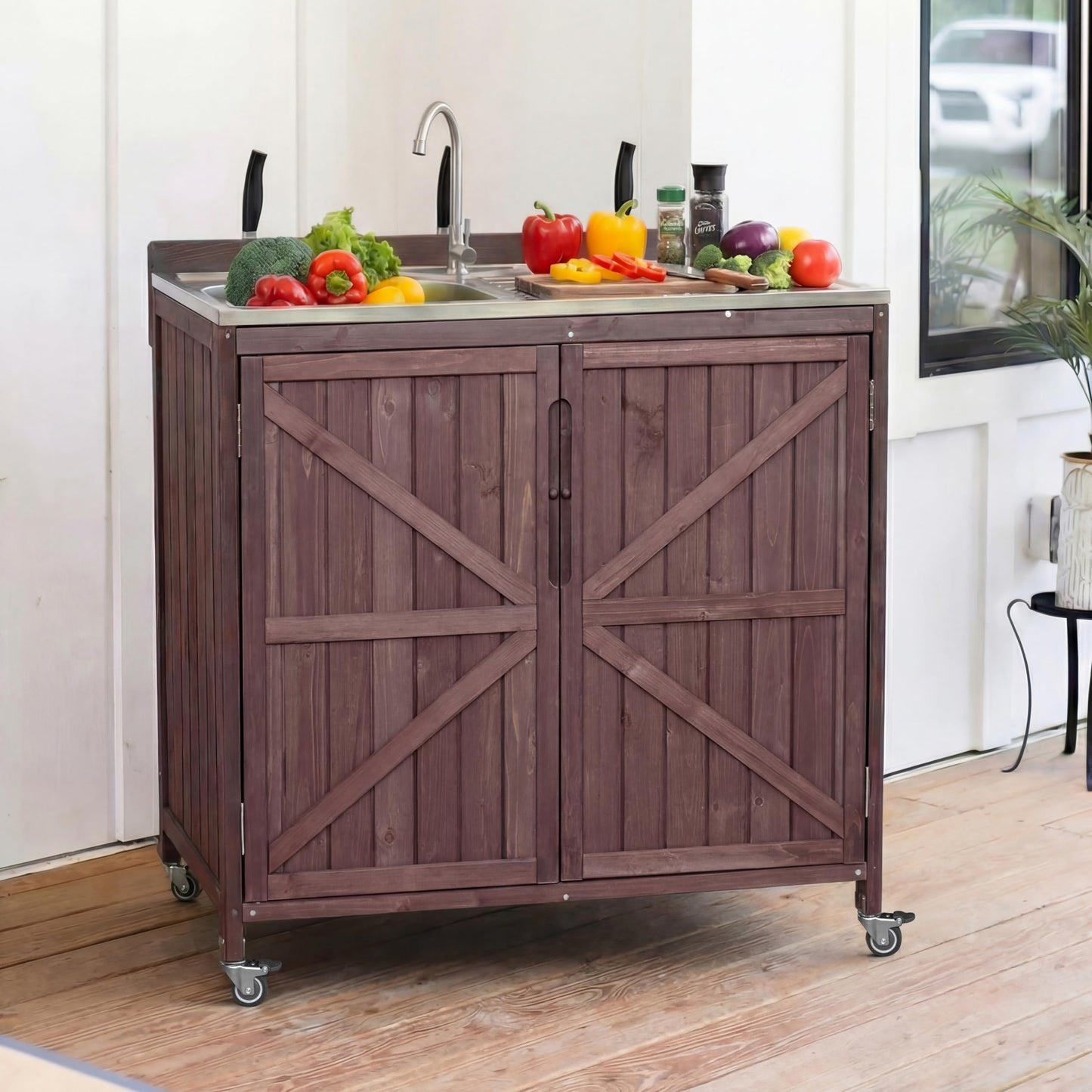 Merax Farmhouse 39.4" Outdoor Grill Cart with Stainless Steel Sink & Back Splash, Wood Rolling BBQ Prep Table w/Storage Cabinet & 4 Lockable Wheels for Patio and Outdoor Cooking,Dark Brown