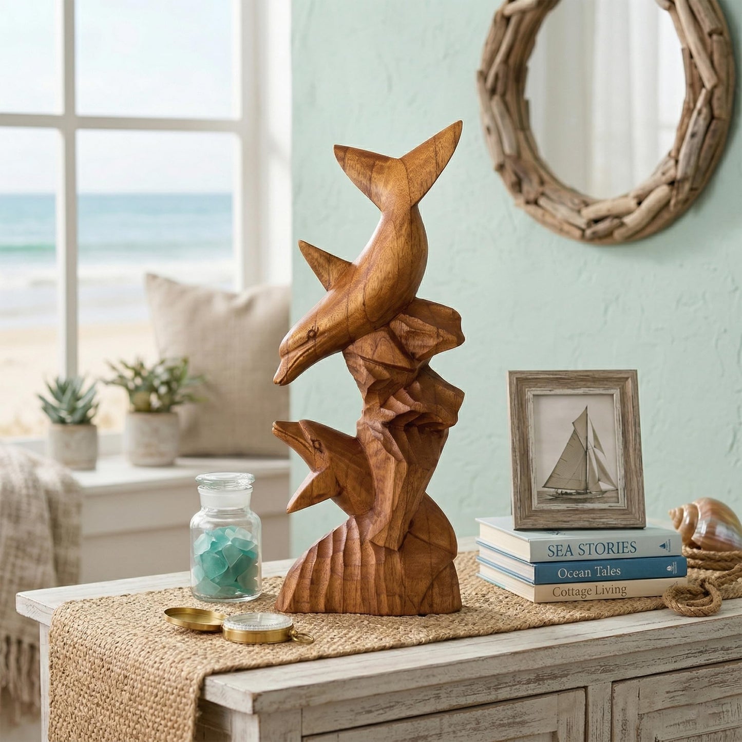 G6 Collection Wooden Hand Carved Dolphin Statue Sculpture Wood Decorative Home Decor Accent Figurine Handcrafted Handmade Seaside Tropical Nautical Ocean Coastal Decoration (2 Dolphins on Coral, 12")