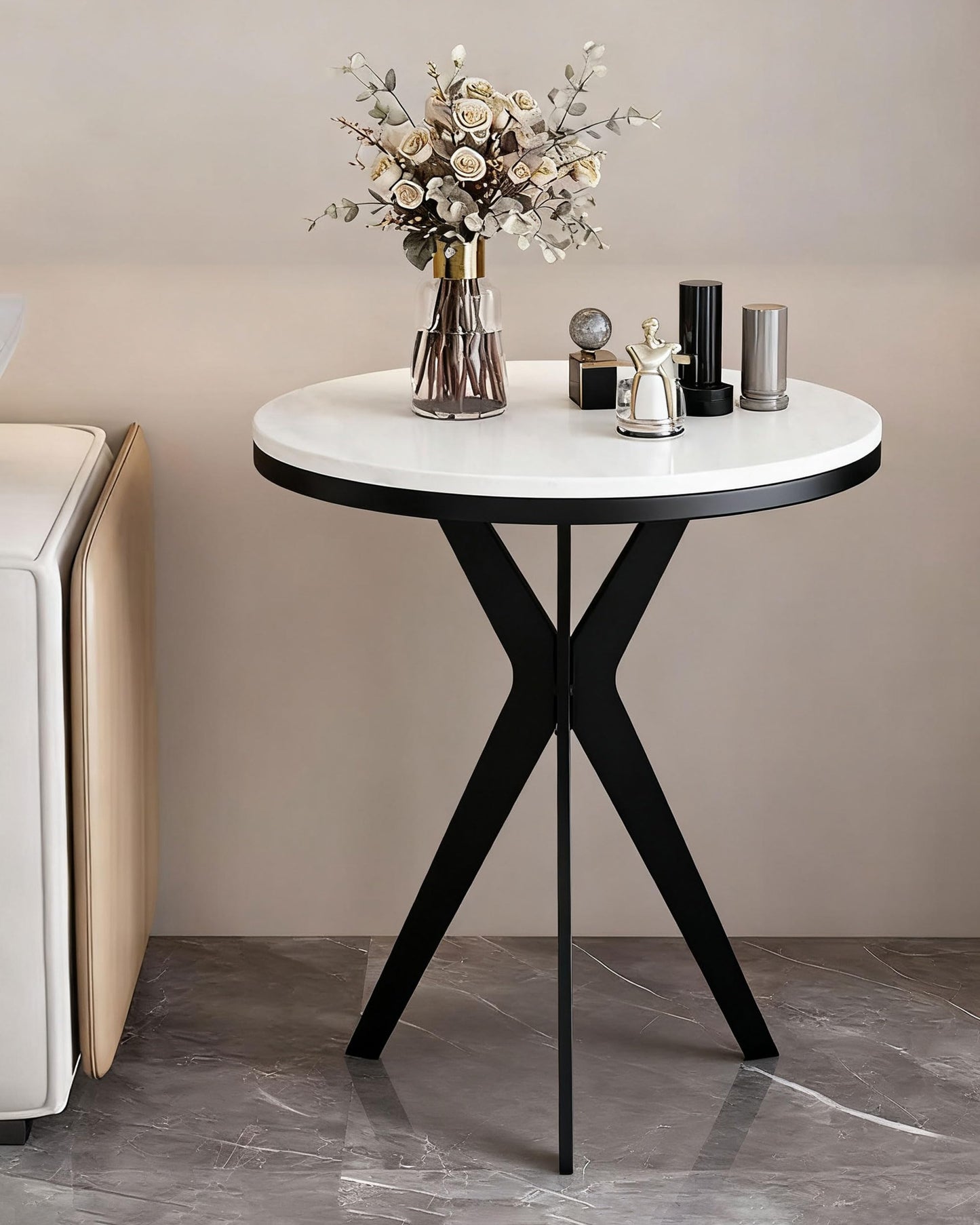 17.72" Side Table Round End Table with Marble Top and Iron Base - Modern Design for Living Room, Bedroom & Office