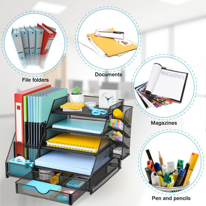 GALASALA Mesh Desk Organizer, 5 Tier Paper Letter Tray with Extra Vertical File Sorter, Sliding Drawer and Pen Holders for Desk Accessories Office Supplies, Black