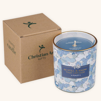 Christian Art Gifts Be Still & Know Bible Scented Candle: Soy Wax, Pure Essential Oils, Seaside Breeze Scent, Bible Verse, Floral Design Glass Jar, Encouragement Gift for Women, 40 Hours Burn Time