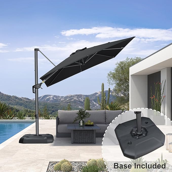 PURPLE LEAF 8 Feet Square Cantilever Umbrella Patio Umbrella with Base Outdoor Umbrella Aluminum Offset with 360-degree Rotation for Garden Deck Pool Patio Black