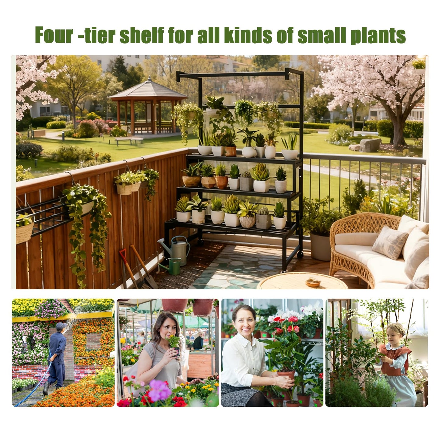 GFFQLXHT 4Tier Sturdy Metal Plant Stand with Wheels, 31x24x65 Inch HighBlack Multiple Tiered Flower Display ，Heavy Duty Succulent Shelf for Home Indoor and Outdoor，Stair Shape，440 LBS Capacity (31in)