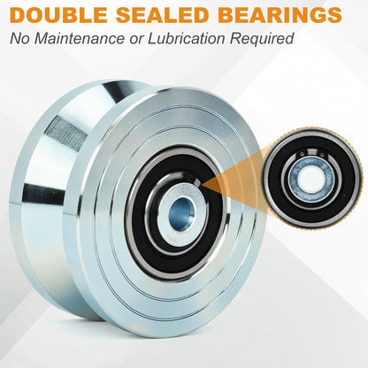 2 Sets 4'' V-Groove Sliding Gate Wheels with Welded Bracket Box, Heavy Duty Inverted V Tracks Sliding Gate Rollers, Double Sealed Bearing 3000 Lbs Capacity