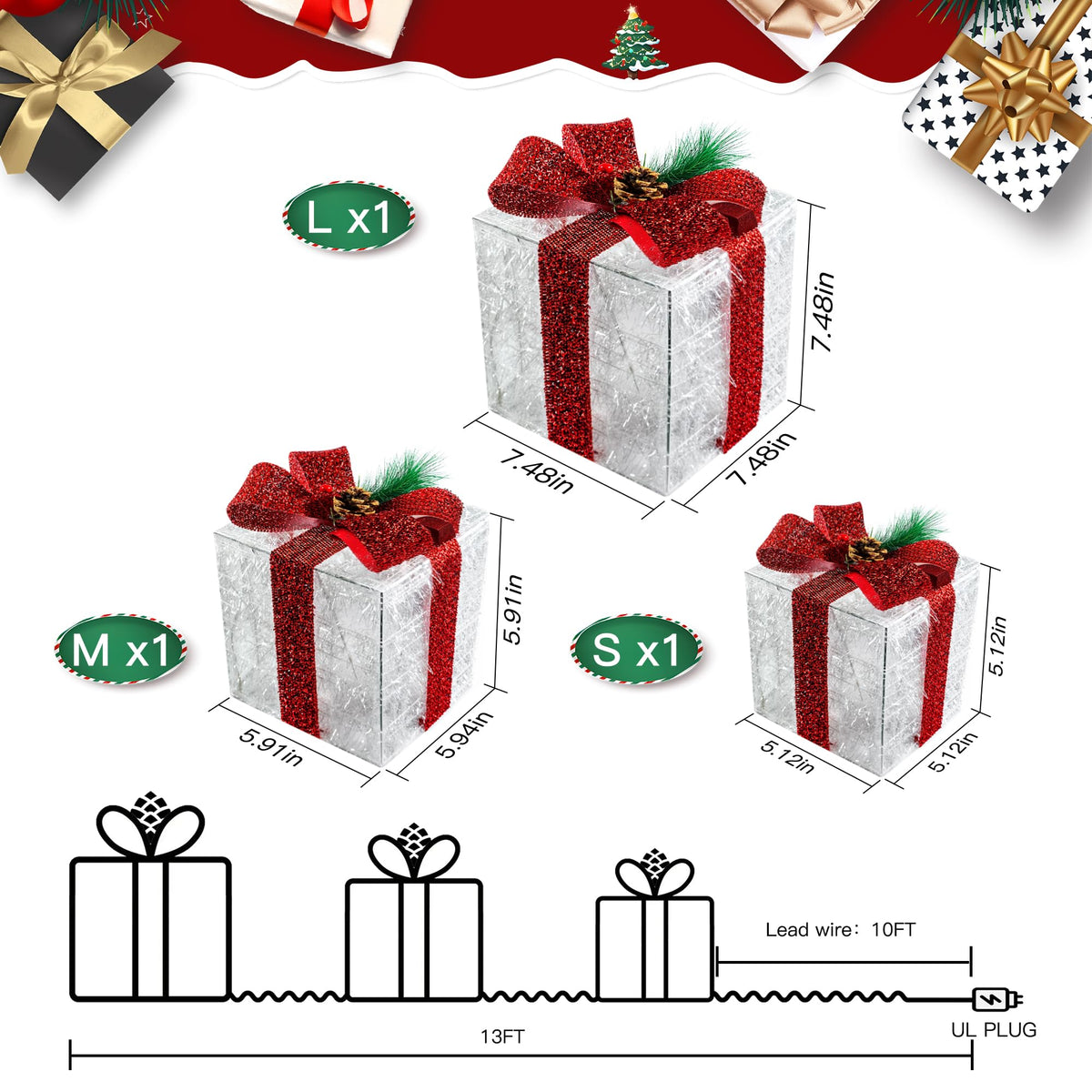 Ccinny Christmas Decorations, Set of 3 Christmas Lighted Gift Boxes, Pre-lit 60 LED Light Up Present Boxes Warm White Xmas Ornaments for Indoor Outdoor Yard Lawn Home Decor (Red Bow)