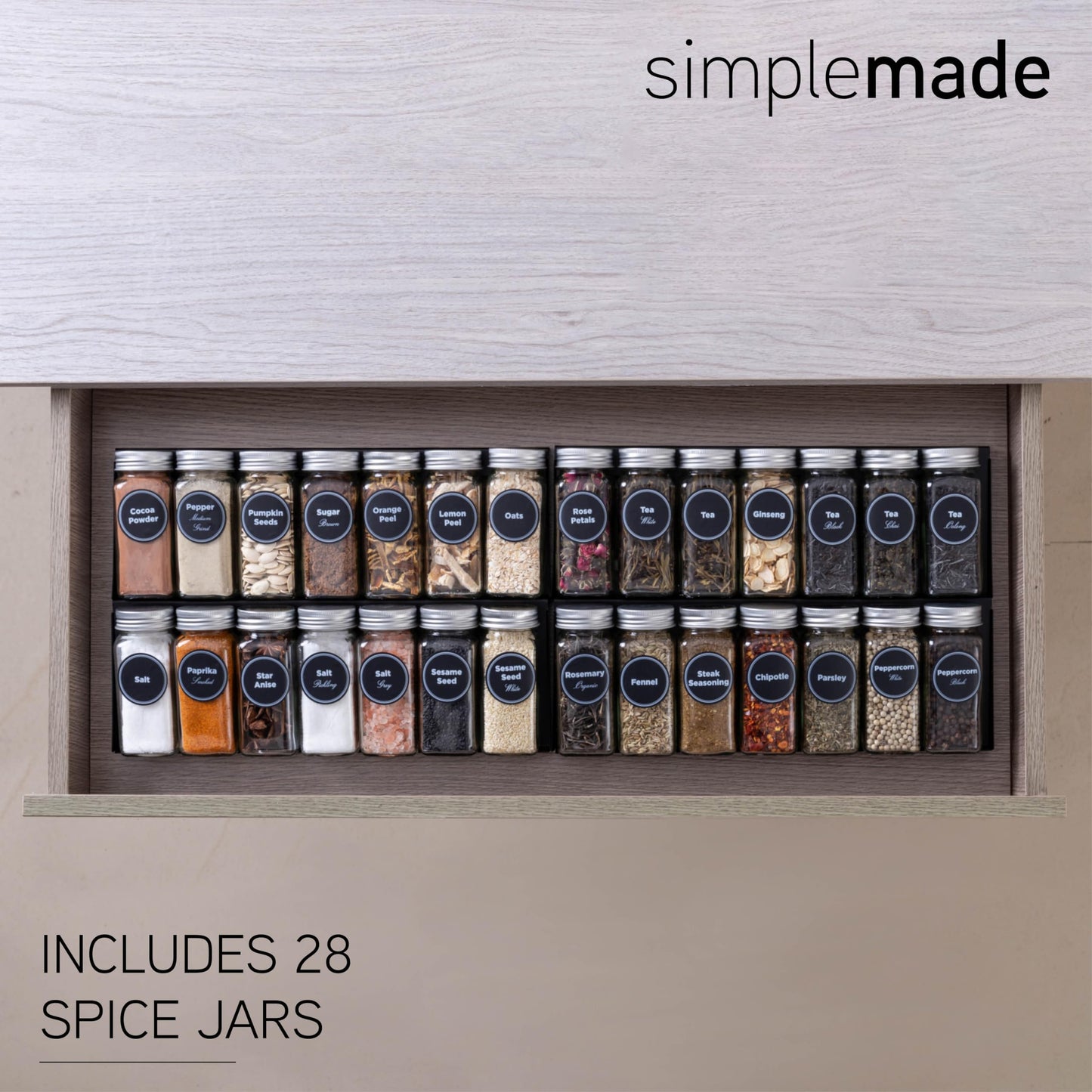 SIMPLEMADE-Spice Drawer Organizer, Spice Rack Drawer for Kitchen, 4 Tier Black Drawer Spice Organizer with 28 Jars and labels with a pen, Silicone Funnel, 13" by 17.5"