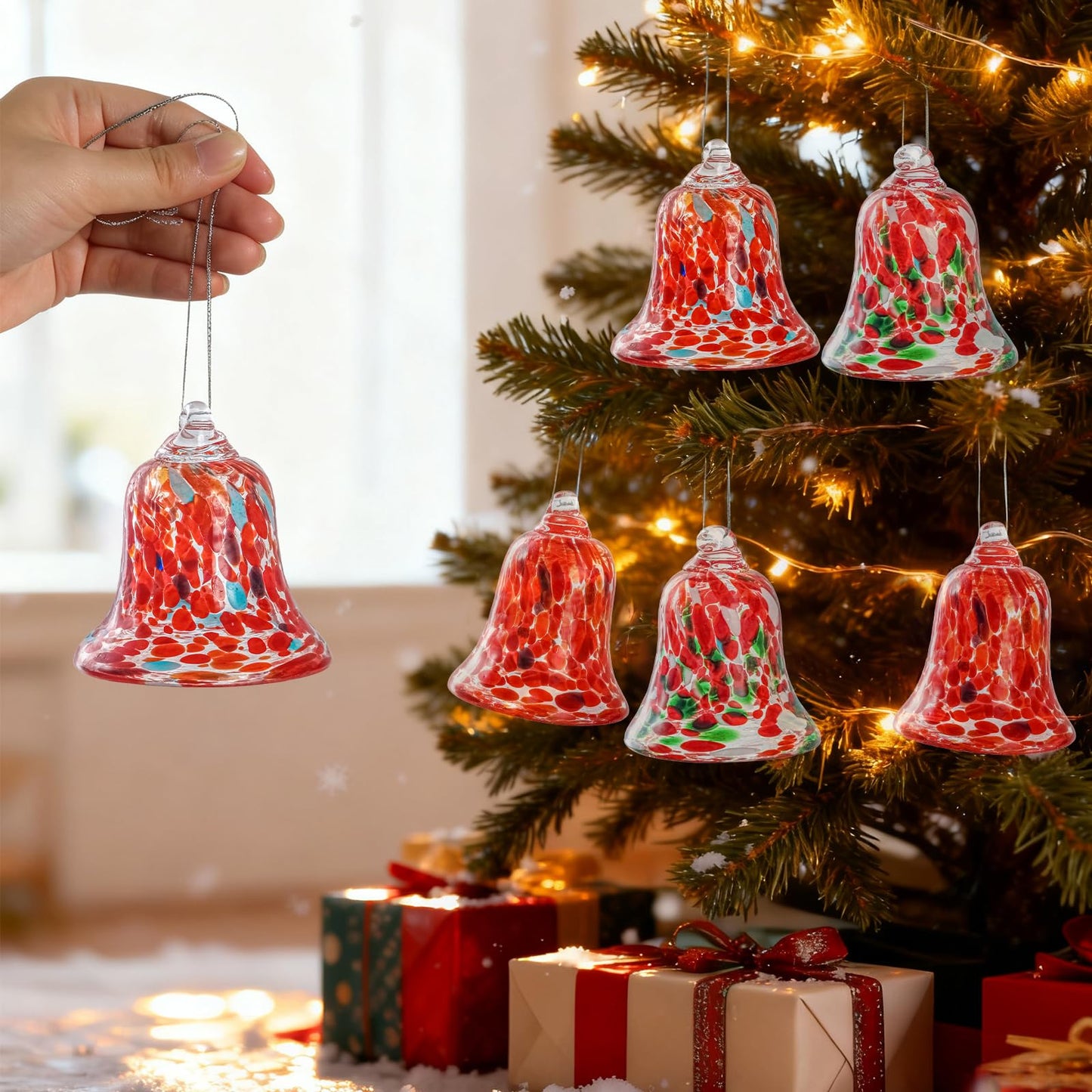 3 Pcs Red Glass Hanging Bell Ornaments for Garden, Patio, and Home