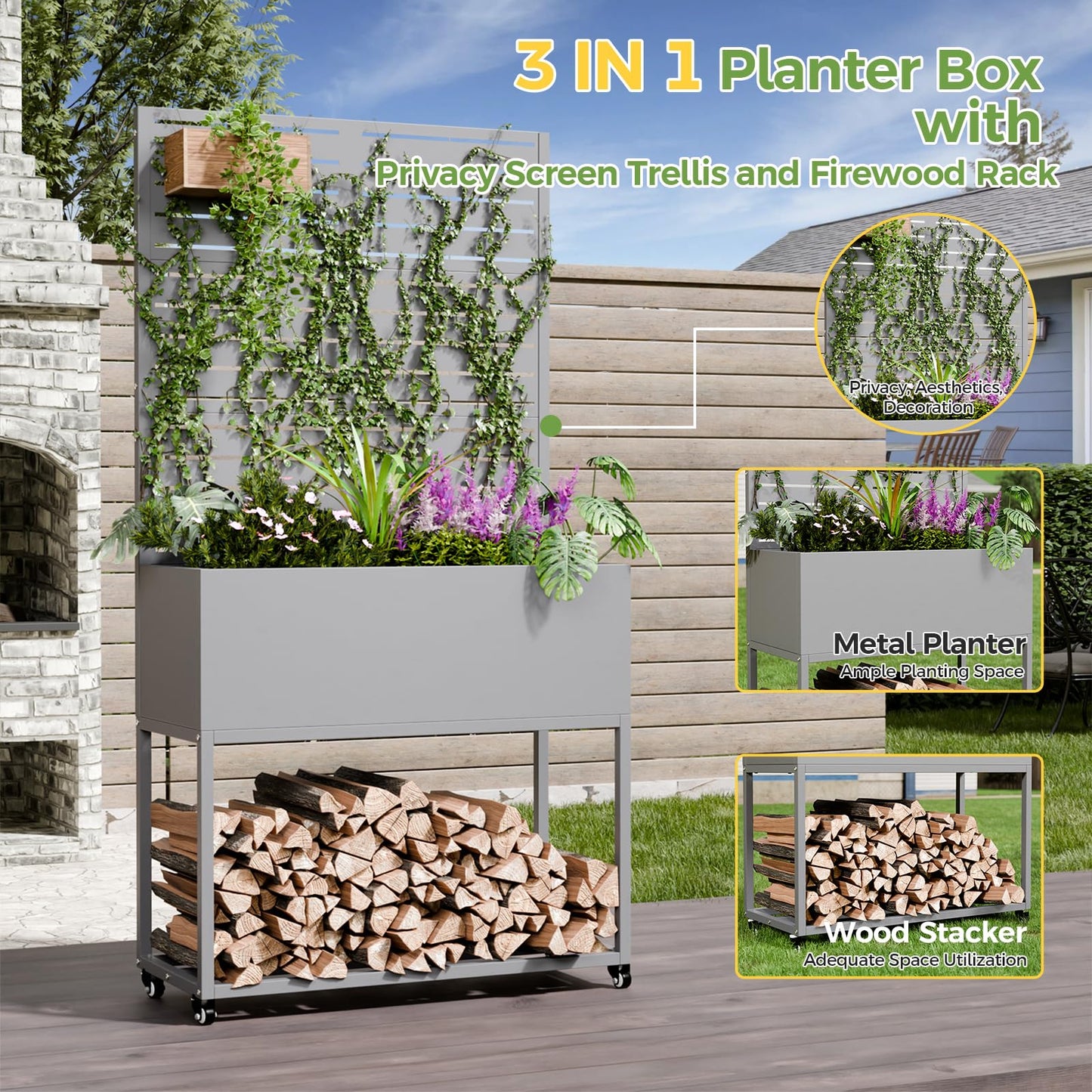 Metal Planter Box with Trellis, 3 in 1 Raised Garden Bed with Trelli & Firewood Rack, Privacy Planter Screen for Climbing Plants, Vine, Outdoor Garden Standing Beds with Drainage Holes, Wheels,Grey
