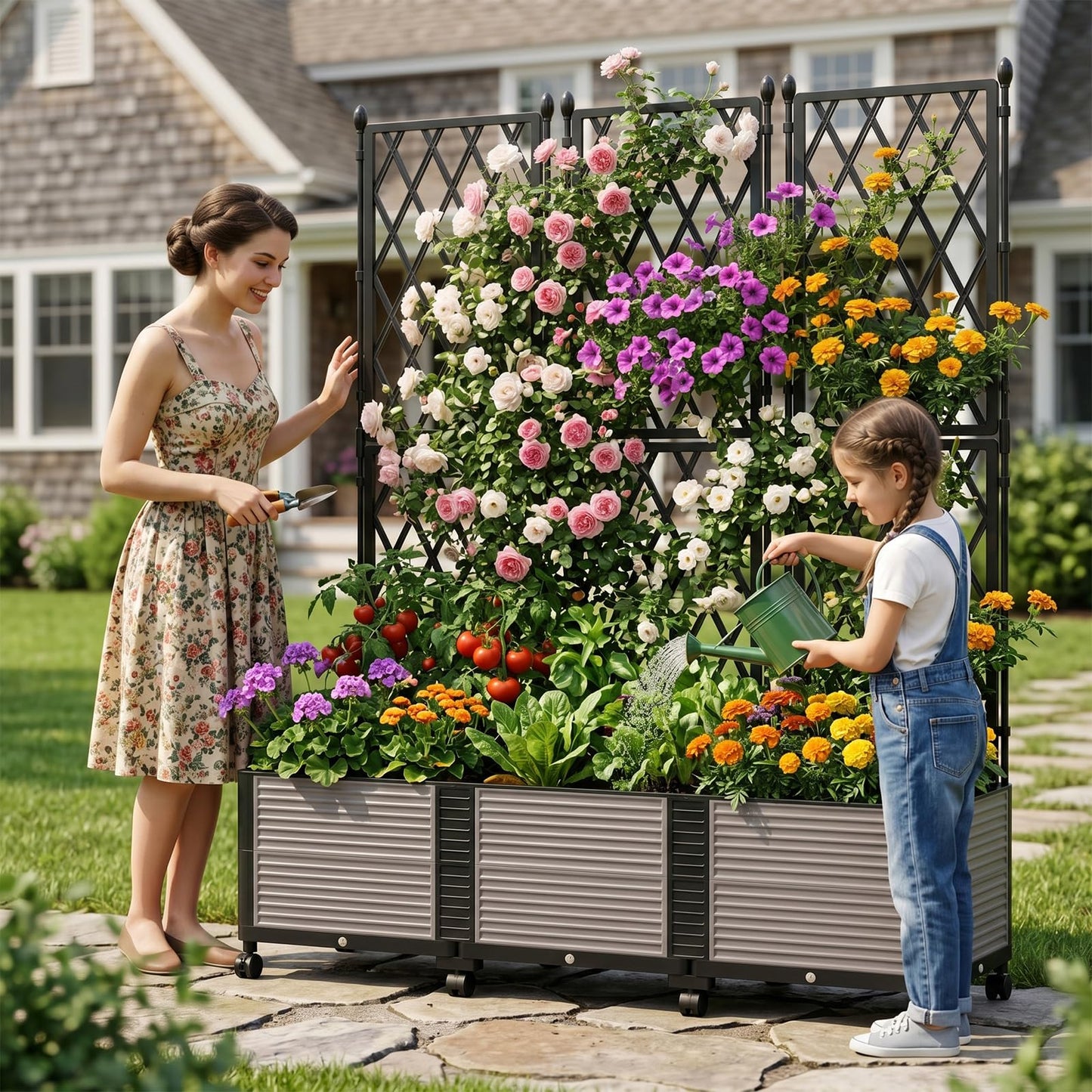UrGROWA Raised Garden Bed Planter Box with Trellis, 63''H Tomato Planters for Climbing Plants Vegetable Vine Flowers Outdoor Patio Tomato Cage, Self Watering Planter with Wheels