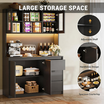 71" Kitchen Pantry Cabinet,Tall Storage Cabinet with Doors & Shelves Adjustable, Kitchen Storage Hutch with Microwave Shelf,Coffee Bar,Led Lights&Charging Station,Corner Pantry Cabinet for Living Room