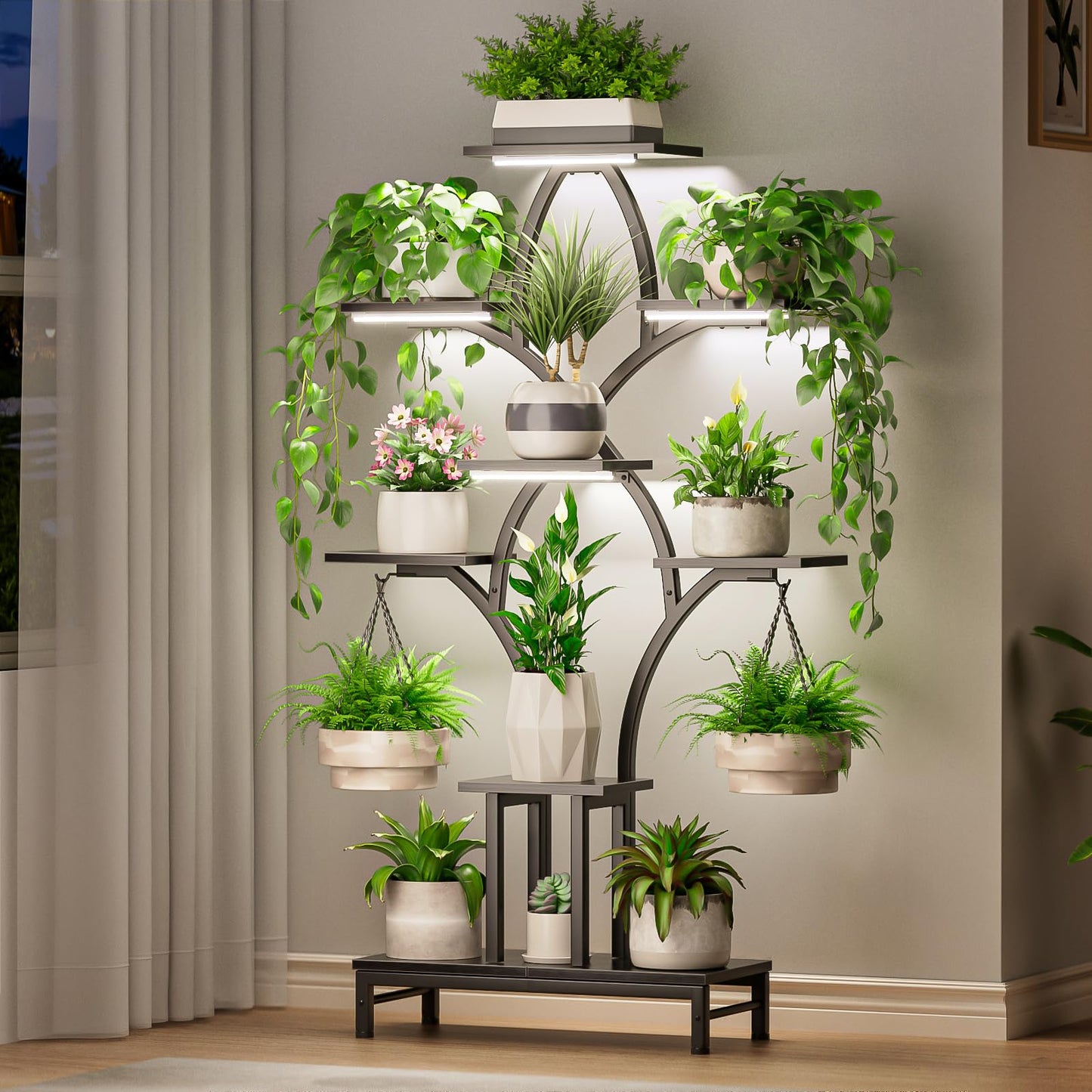 NEHAJUNXI Plant Stand Indoor with 4 Grow Lights - 63" Tall Plant Shelf- 8 Tiered Corner Plant Flower Stands Display Shelves for Home, Patio (Black)