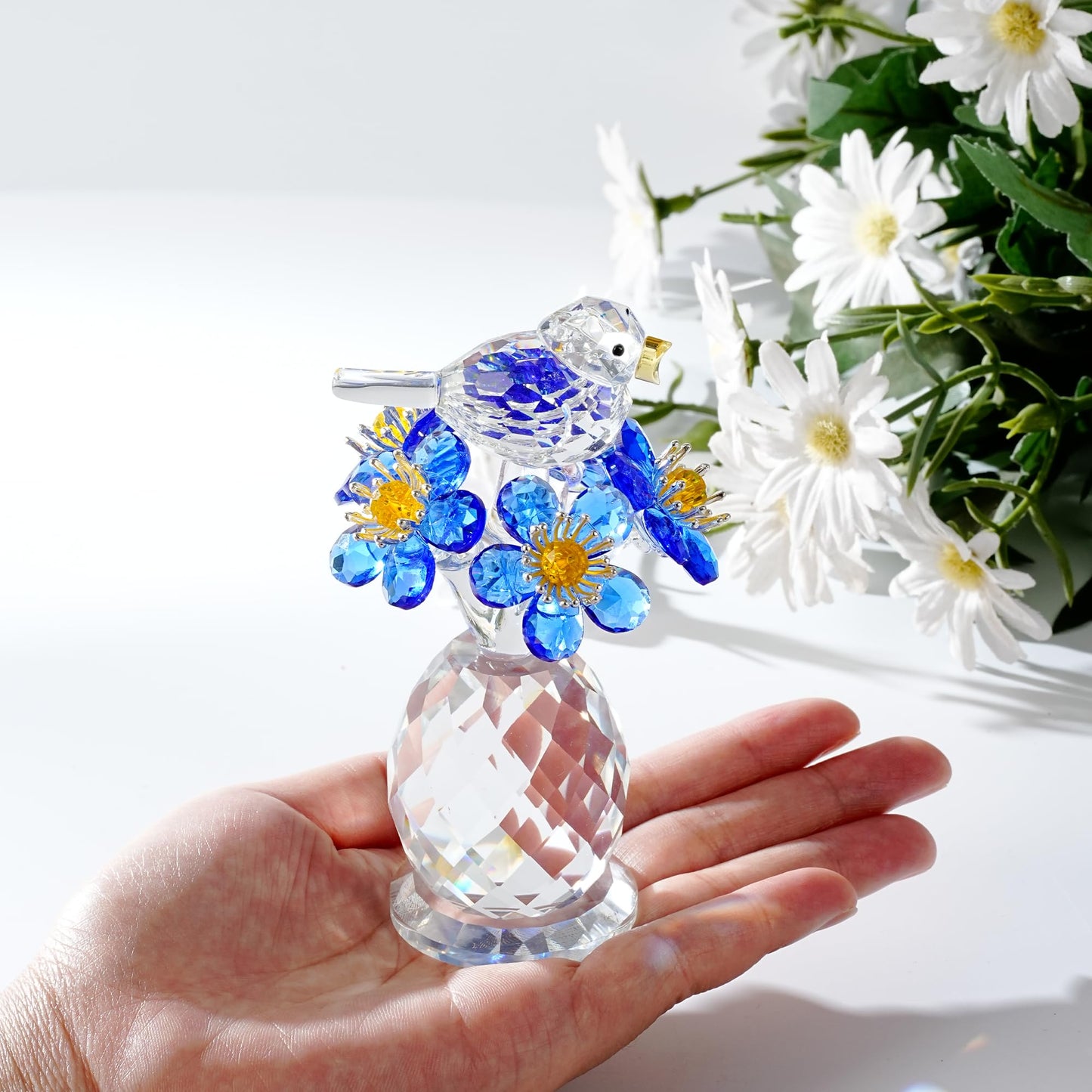 CNCRMEM Crystal Bird & Forget-Me-Not Flower Figurine,3x4 inch Glass Flower Collectible Ornaments for Home Decor Table Centerpiece Glass Bouquet Flowers Keepsake Gifts for Women （Blue）