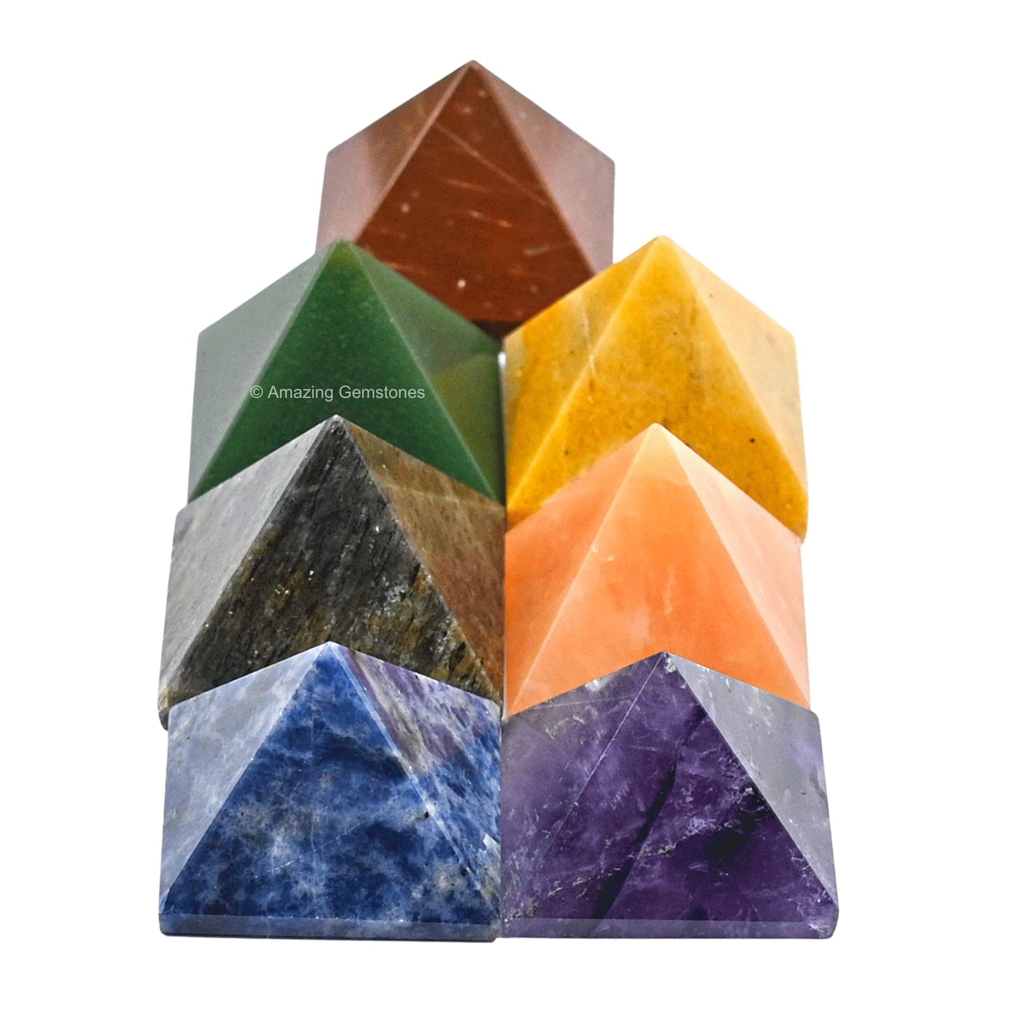 Amazing Gemstone 7 Chakra Pyramid Set for Reiki Healing Crystal with Engraved Reiki Symbols - Energy Balancing Polished Chakra Set with Velvet Pouch