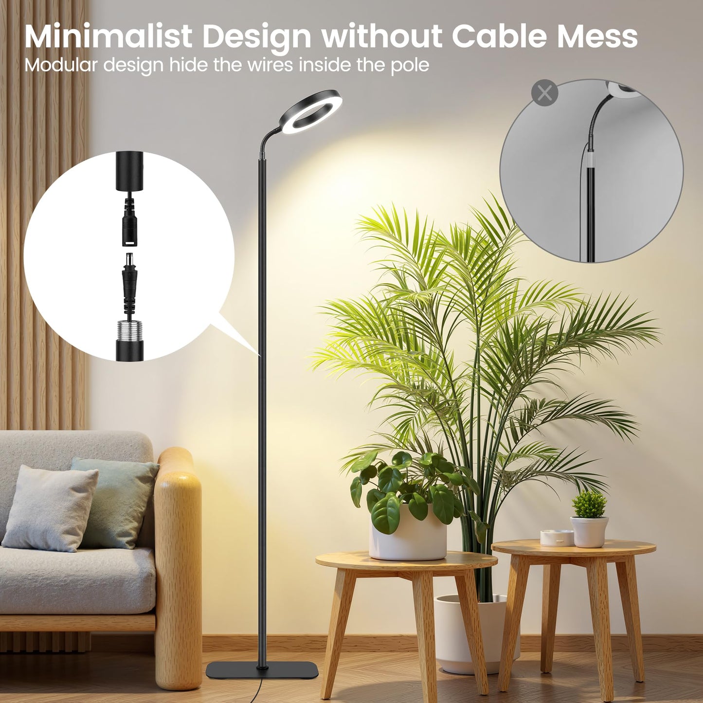 MistyJungle Grow Lights for Indoor Plants,Floor Lamp with 63IN Stand,Full Spectrum,10 Dimming,Halo Ring Warm Light, 3/9/12H Timer,Height Adjustable,Metal Stable Base Growing Light for Tall Small Plant