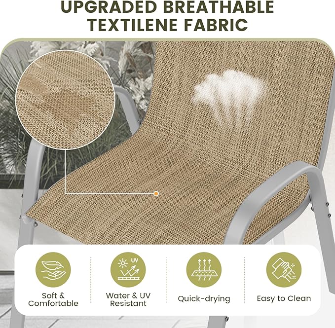 UDPATIO Patio Chairs Set of 2, Stackable Silver Outdoor Dining Chairs with High Back, Breathable Textilene Fabric Outdoor Chair All Weather, 350LBS Capacity for Garden, Backyard (Beige)