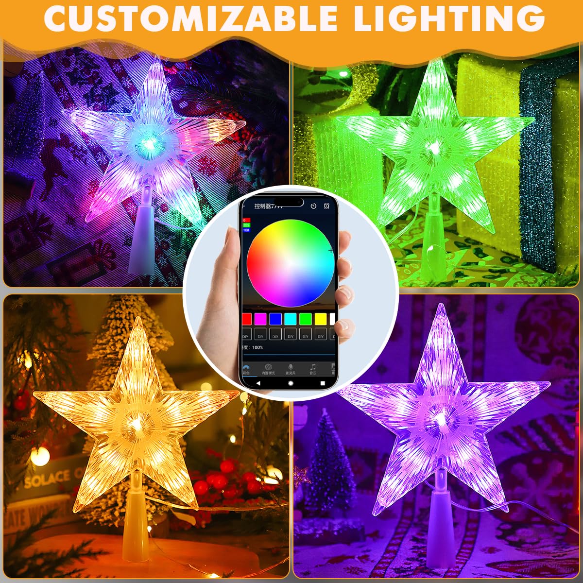 7In Smart Christmas Tree Topper Star, LED Lighted Star Tree Top, Star RGB Night Light Treetop, APP/Remote Remote, Sync Musical, for Xmas Holiday Party Gift Décor, Charging Plug not Included