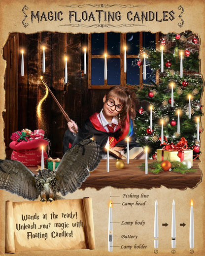 Floating Candles with Wand - 18 Pack Christmas Decorations Magic Flameless Candles Flickering Light Hanging Candle Remote with Glasses, Tie, Scarf, Battery Operated Candles for Christmas Party Decor