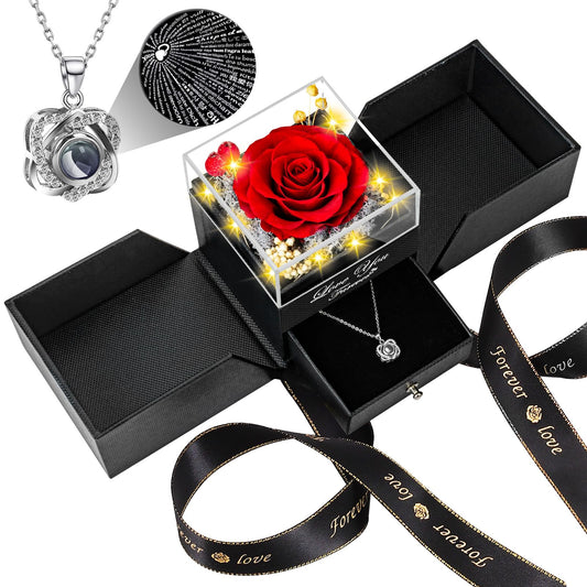 Preserved Red Real Rose with Heart I Love You Necklace -Eternal Flowers Rose Valentines Day Gifts for Her Wife Girlfriend Women Mom Grandma on Valentines Mothers Day Christmas Anniversary Romantic-Red