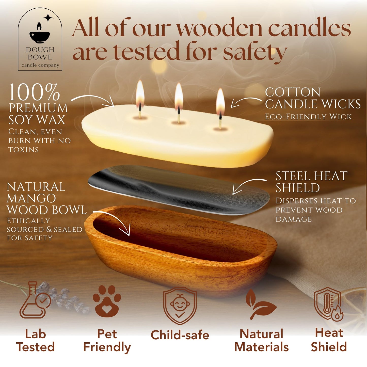 Dough Bowl Candle Co. Wooden Bowl Candle - 20 Oz. 10x6x2 3-Wick Large Lavender Soy Candles for Home Scented, Long Lasting Aromatherapy for Women and Men with Up to 40H Burn Time, Decoration Gifts