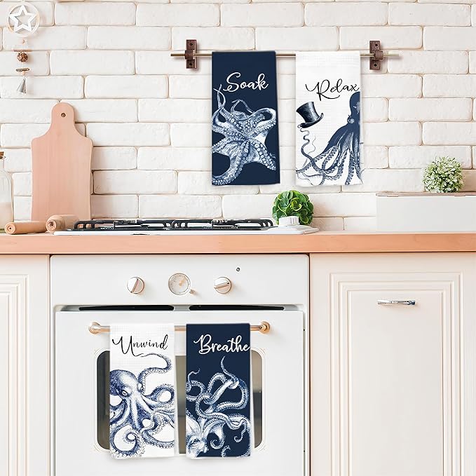 Navy Blue Octopus Coastal Beach Hand Towels, Ocean Octopus Unwind Breathe Relax