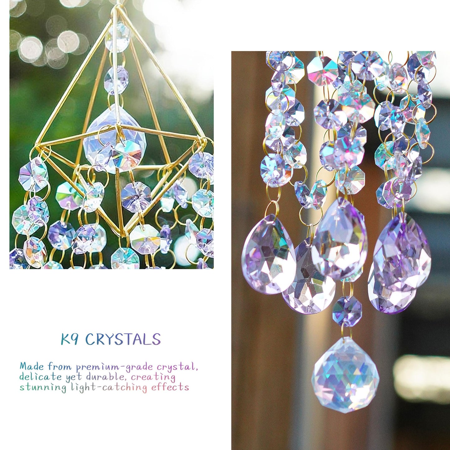 HDCRYSTALGIFTS 21.5inch Crystal Prisms Suncatcher for Window Hanging, Rainbow Maker Crystal Sun Catcher Indoor Window Glass Wind Chimes Home Garden Decor, Purple